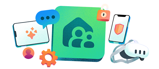 Box with a partial outline of a house shape and outlines of two people's upper bodies. Box is surrounded by smaller images including a phone with a shield on the screen, a gaming headset, a tablet and a chat bubble.