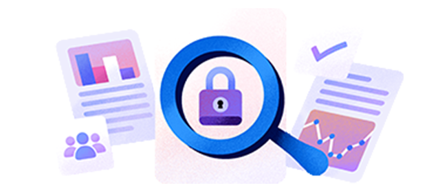 Several pieces of paper in varying sizes with different images on them, such as charts and ticks. Centre paper has a lock on it with a magnifying glass over the lock.