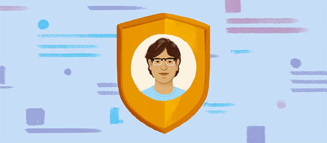 A shield with a smiling man in the middle. There are multiple vertical lines on the background.