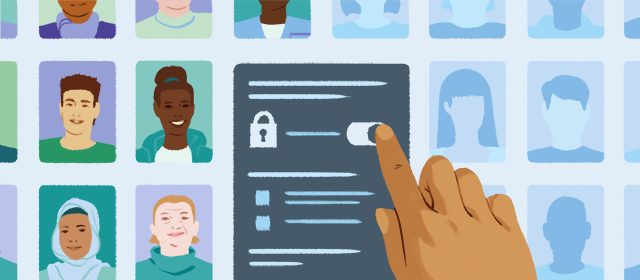 A hand is pointing to a screen with a control that has a lock on it. There are images of people's faces in the background. Half of the faces are visible and the other half are unknown.